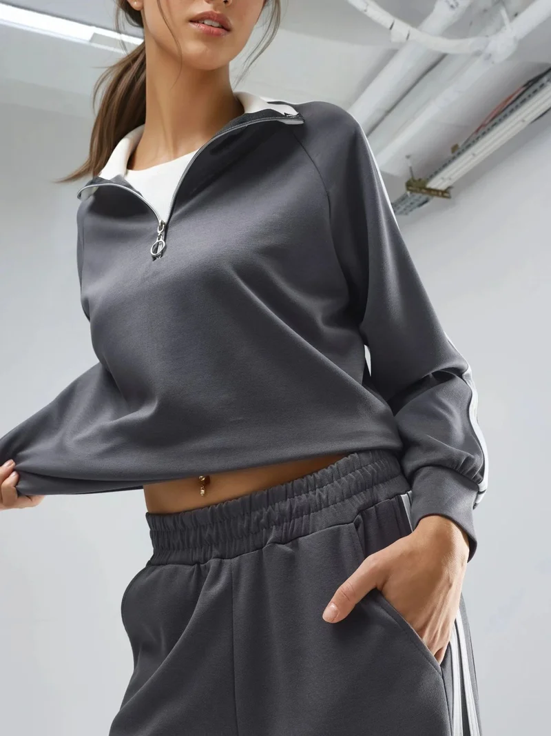 HICCUP Grey Modal Touch Wide Leg Striped Two-Piece Coord Set with Zipper Collar Bersan Collection for Women | Best Price UAE